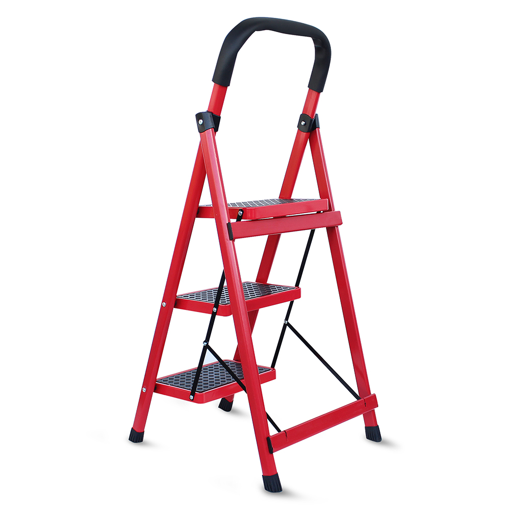AGBOX Escalera 3 Peldaños Plegable Antiderrapante Roja AG-ESCA01R