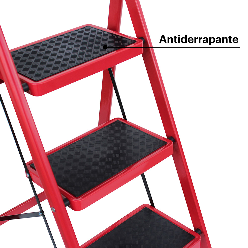 AGBOX Escalera 3 Peldaños Plegable Antiderrapante Roja AG-ESCA01R
