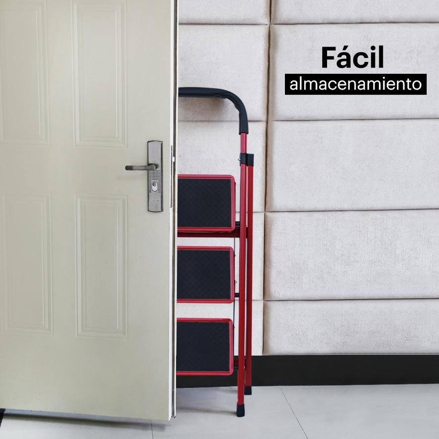 AGBOX Escalera 3 Peldaños Plegable Antiderrapante Roja AG-ESCA01R