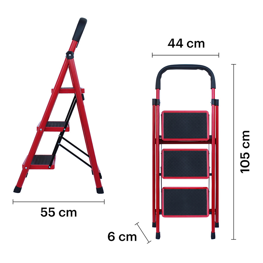 AGBOX Escalera 3 Peldaños Plegable Antiderrapante Roja AG-ESCA01R