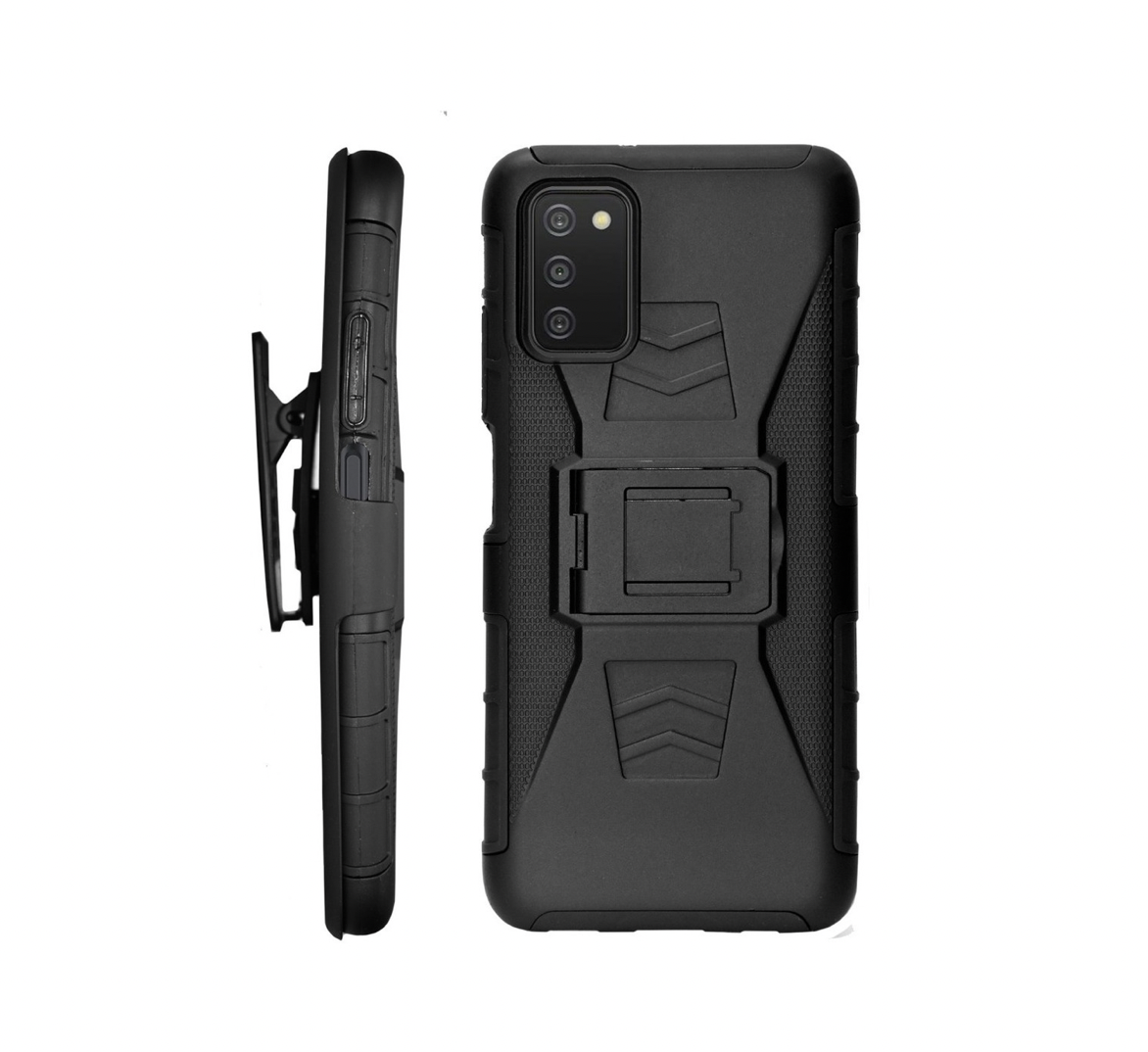 Funda Protector Uso Rudo con Clip más Mica de Cristal Gratis para Samsung A03s Color Negro