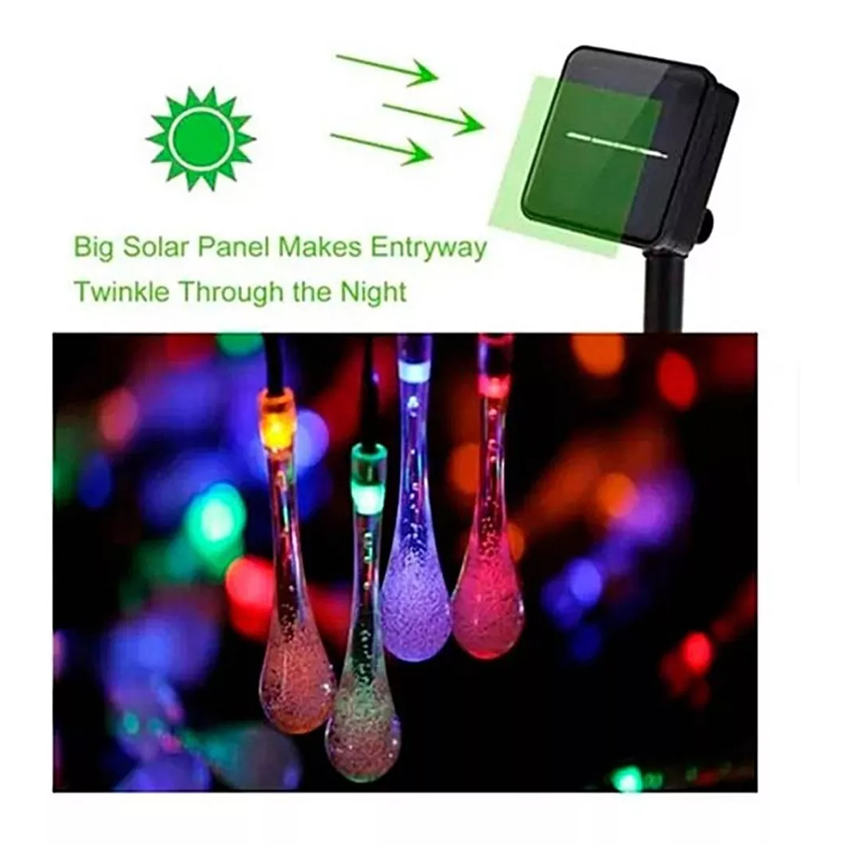 Cadena De Luces Gotas Con Panel Solar Multicolor.