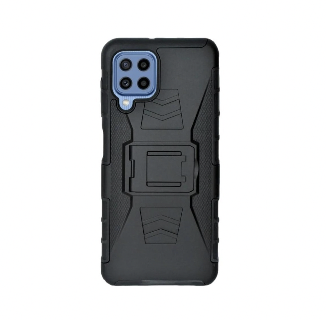 Funda Protector Uso Rudo con Clip más Mica de Cristal Gratis para Samsung A12 Color Negro.