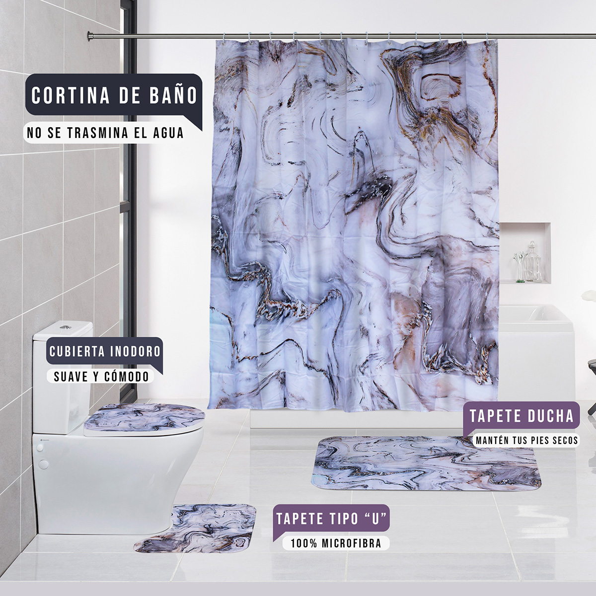 Juego Para Baño Premium Estandar 4 Piezas  Marmoleado Gris