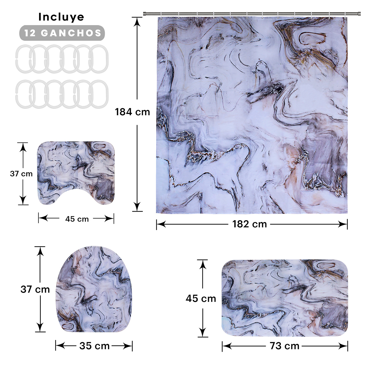 Juego Para Baño Premium Estandar 4 Piezas  Marmoleado Gris