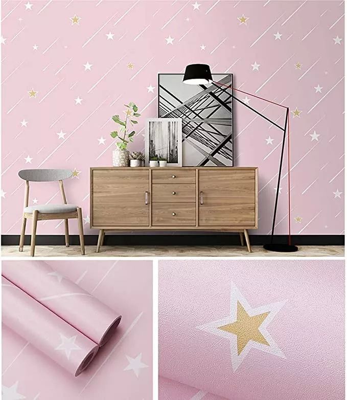 Papel Tapiz Autodherible Rosa Liso Estrellas 10m X 45cm Tp93