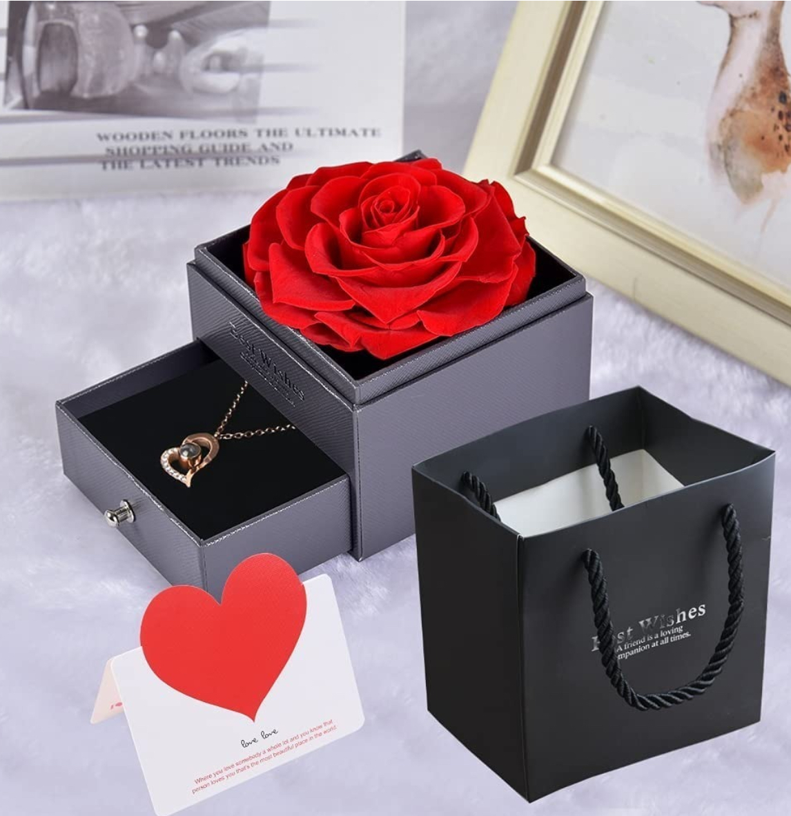 Flores De Rosa Eterna Con Regalo De Collar Para Mujeres FUNBU