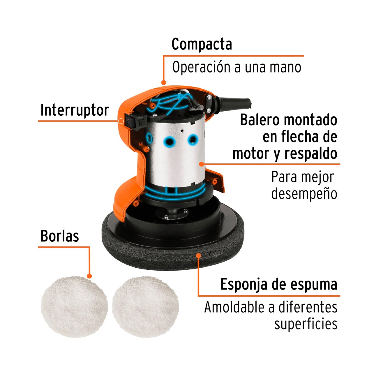 Pulidora  Compacta orbital 6" de mano 45 W, Truper incluye 2 borlas 