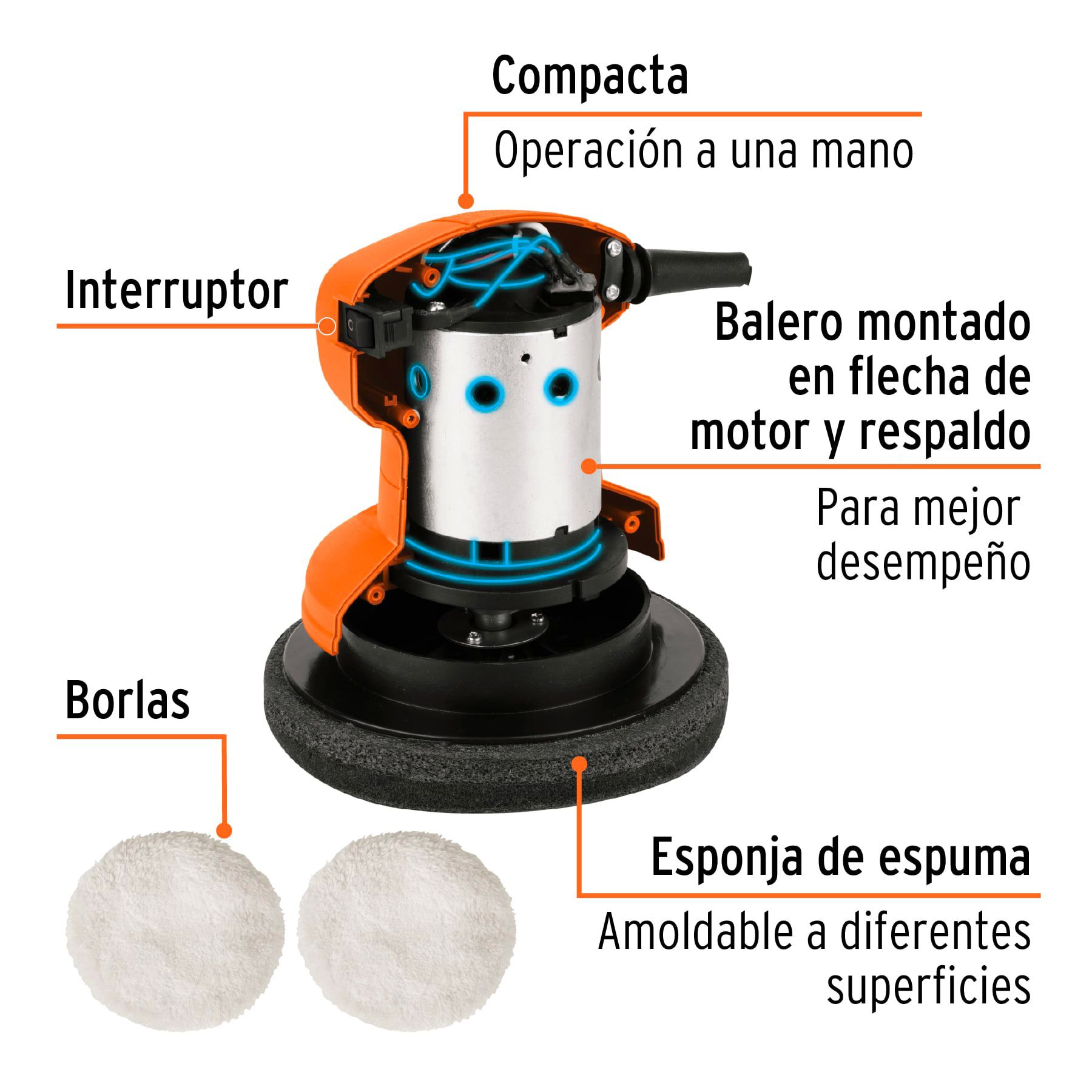 Pulidora  Compacta orbital 6" de mano 45 W, Truper incluye 2 borlas 