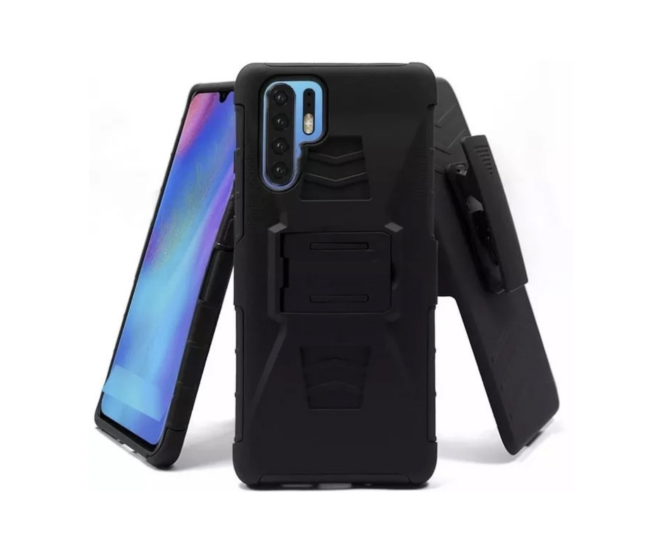 Funda Protector Uso Rudo con Clip más Mica de Cristal Gratis para Huawei P30 Pro Color Negro