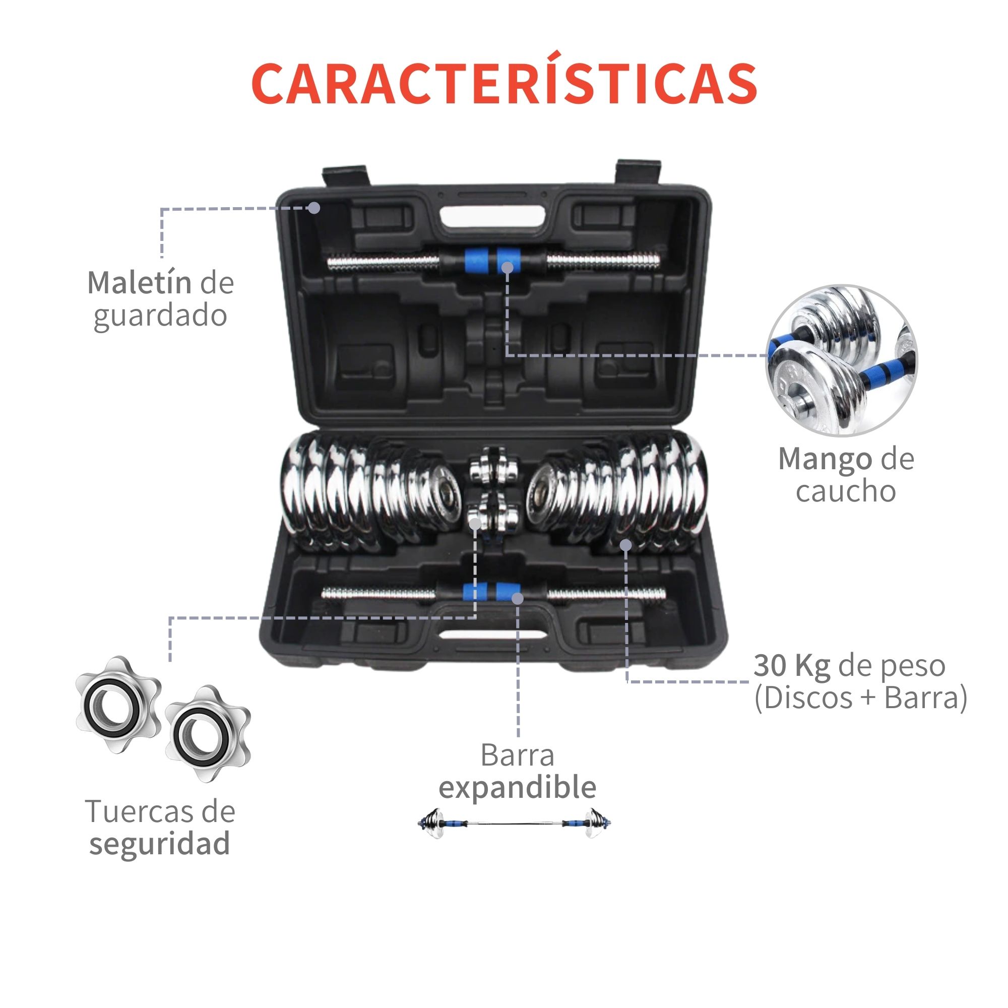 Mancuernas Pesas Kit Con Barra y Discos De Ejercicio Gym 30kg