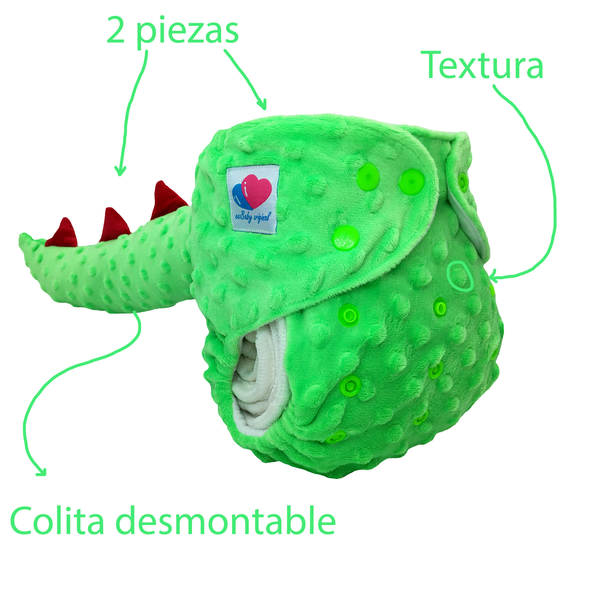 Pañal de tela ecológico para bebés con textura y colita de dinosaurio ecobaby original mas insertos