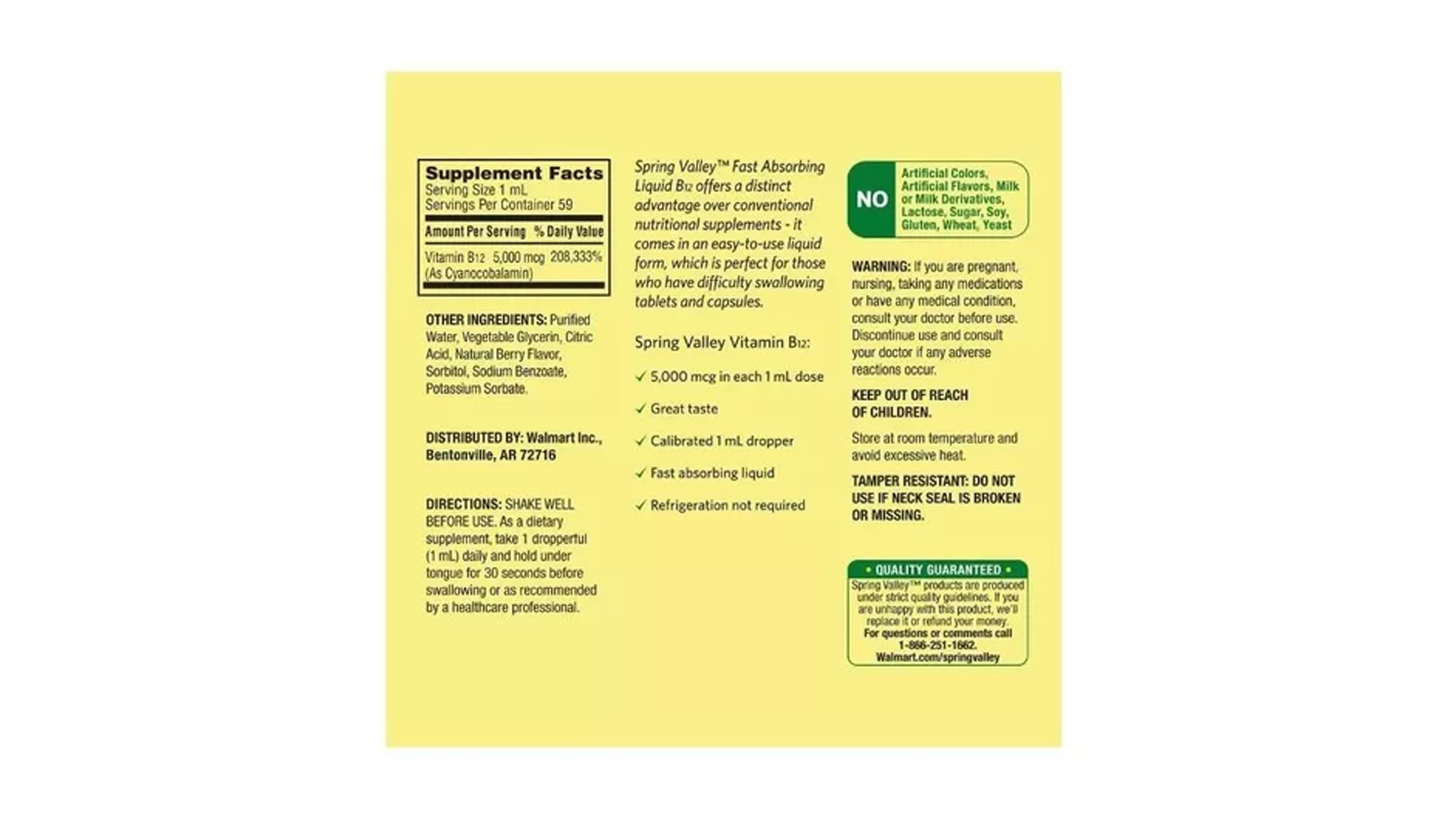 Vitamina B12 5,000 mg Spring Valley Liquida Sublingual 59 Dosis Sistema Inmune