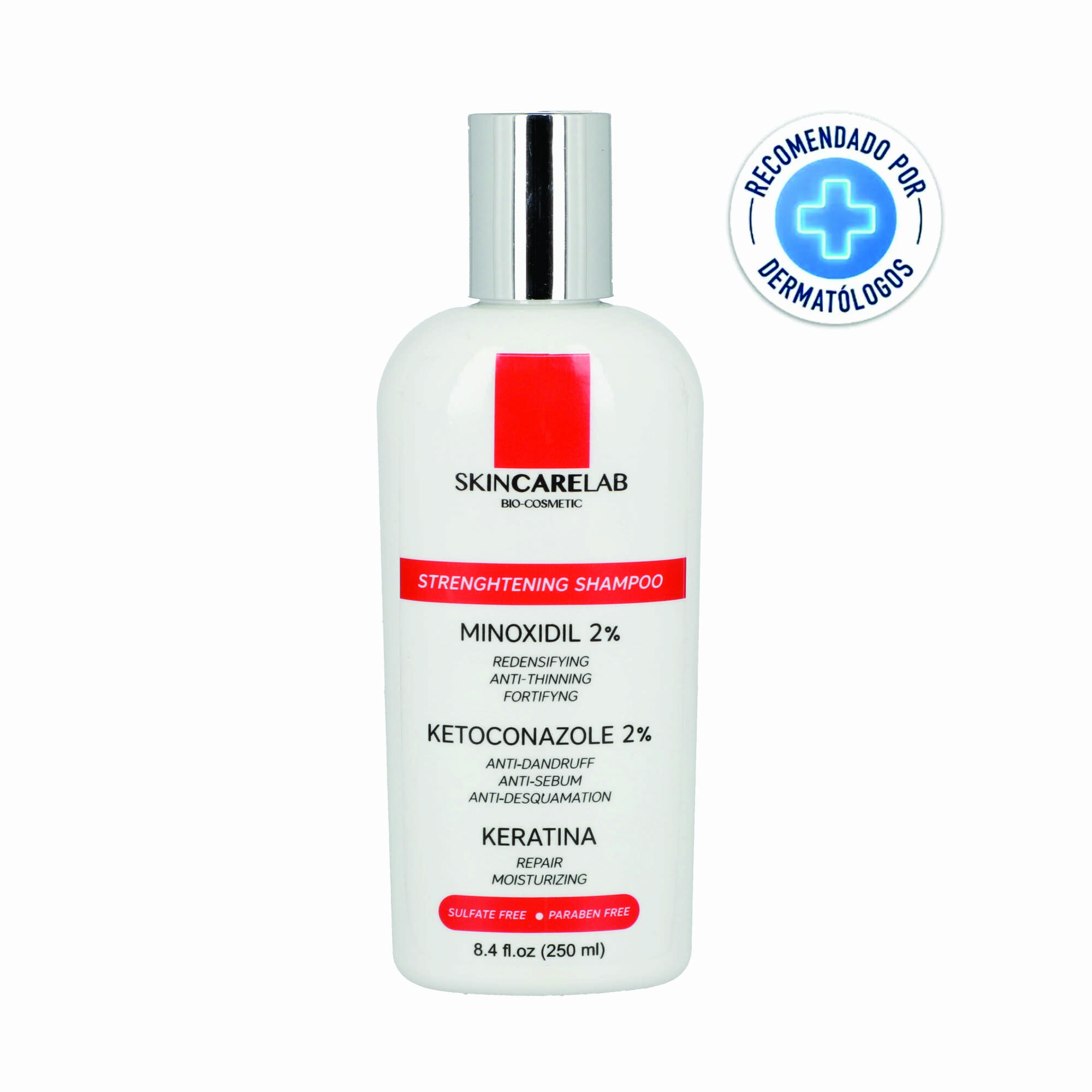 Minoxidil 2% Shampoo Anticaida y Anticaspa con Ketoconazol al 2%, Keratina, Arginina 250ml.