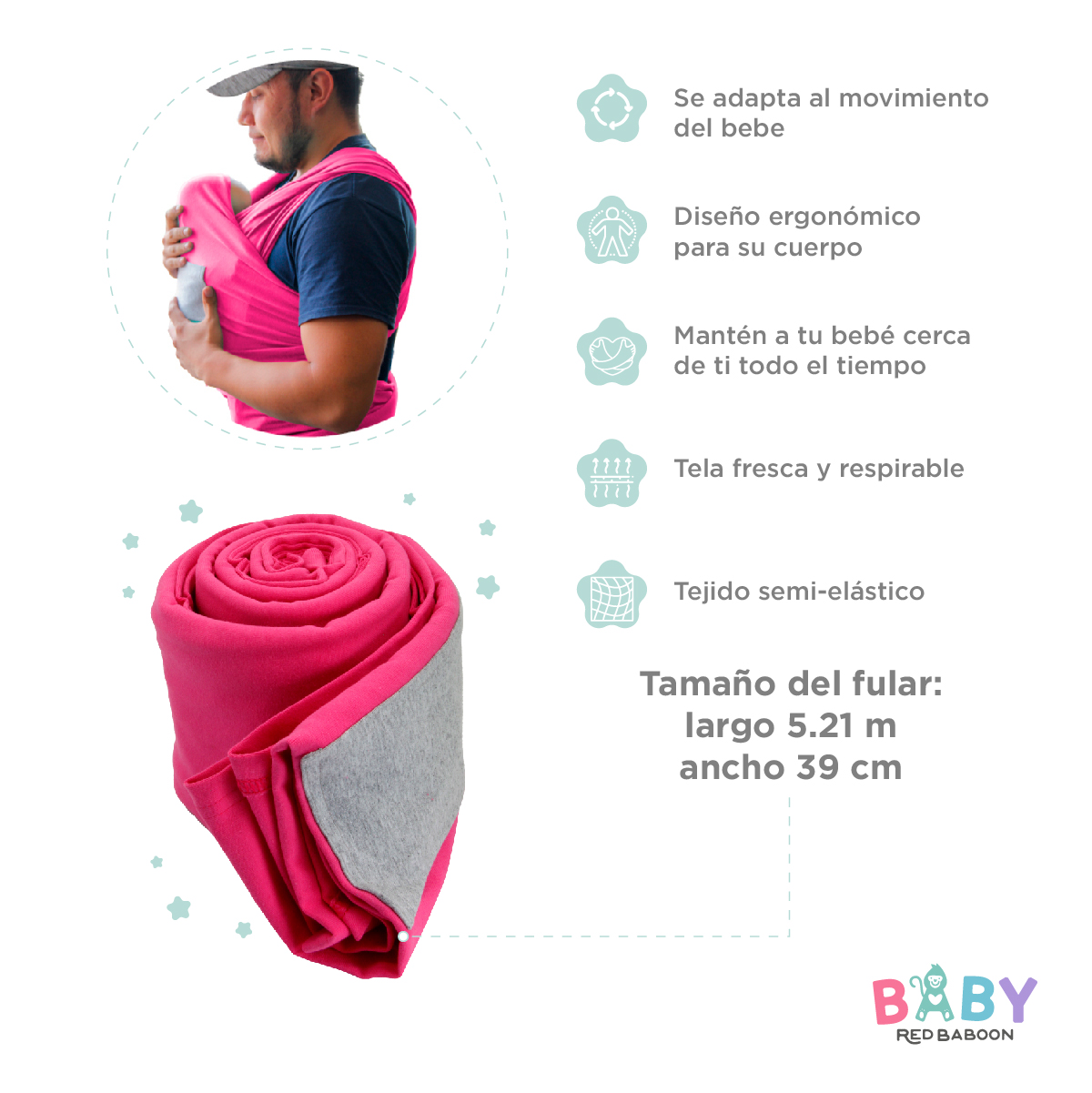 Fular Para Bebe, Rebozo Elástico Tipo Canguro, Artículos Para Bebe Aguanta hasta 15 Kg Marca Baby Red Baboon