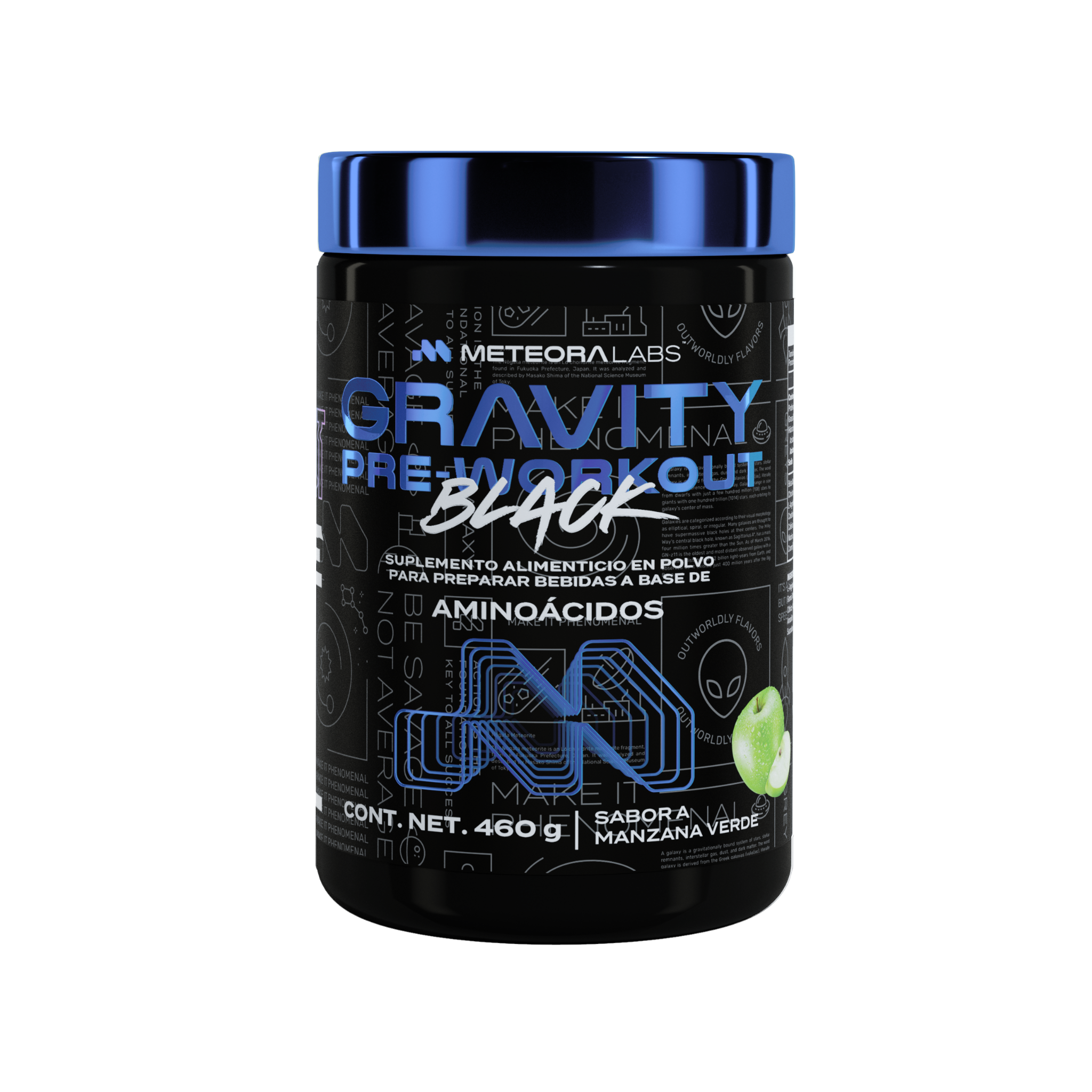 METEORA LABS | Gravity BLACK Test | Pre-Workout con Tribulus, ZMA, Ácido aspártico | Suplemento Alimenticio en Polvo para preparar Bebidas Energéticas | 460 g | 60 porciones por envase | Sabor a Manzana Verde