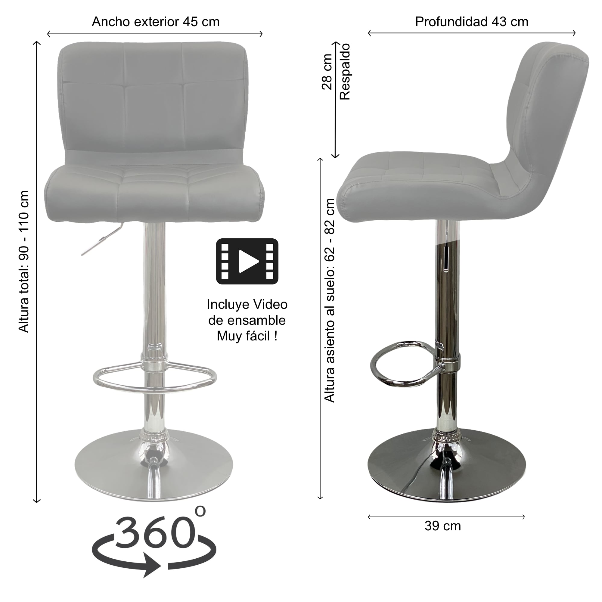 2 BANCOS PARA BARRA DE COCINA BAR ALTURA AJUSTABLE GIRATORIO PUNTO Y COMPRA 3022