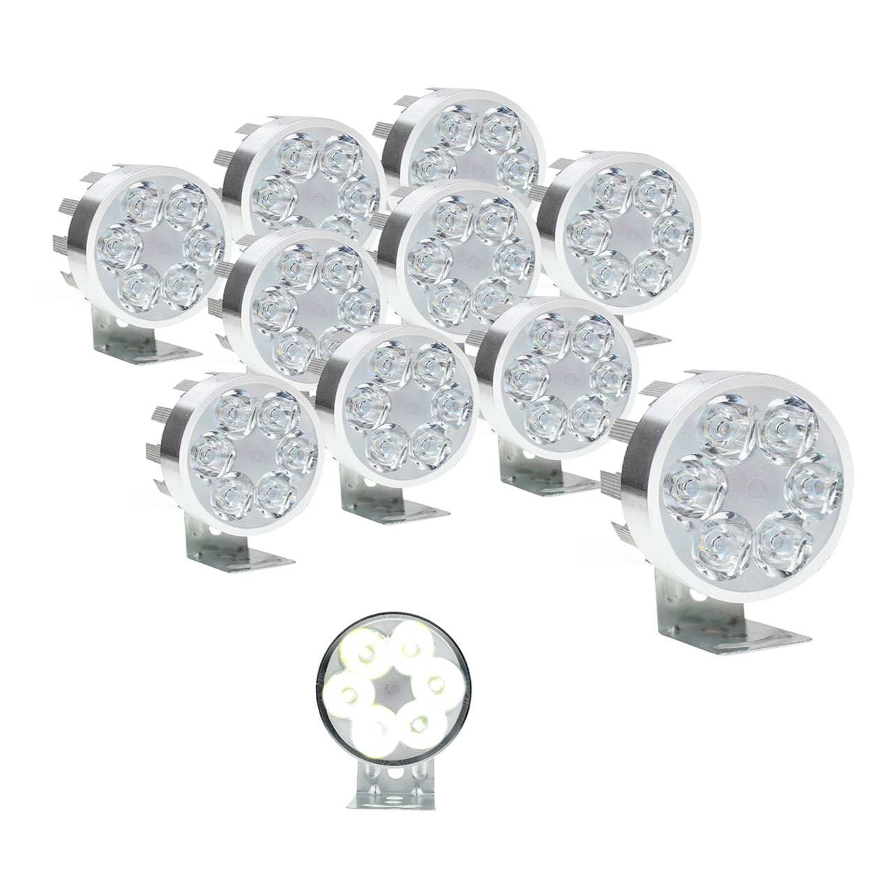 10 FARO 6 LED REDONDO AUXILIAR ESTROBO AUTO MOTO ALUMINIO