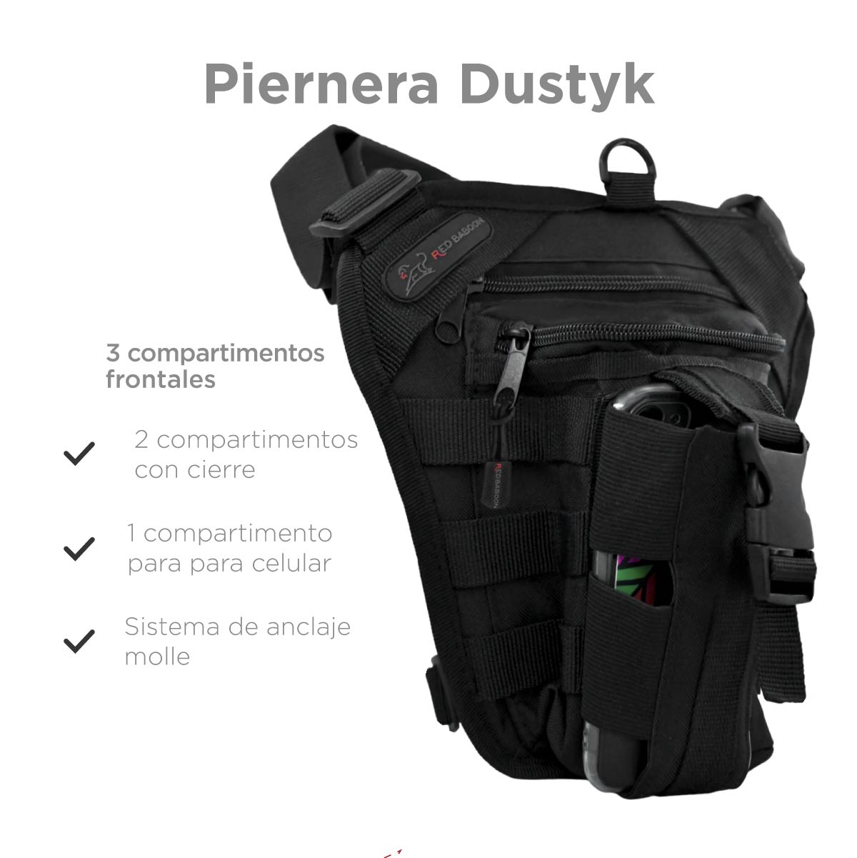 Piernera Mochila Táctica Militar Multiusos Negra, Muslera Piernera Modelo Dustyk Marca Red Baboon