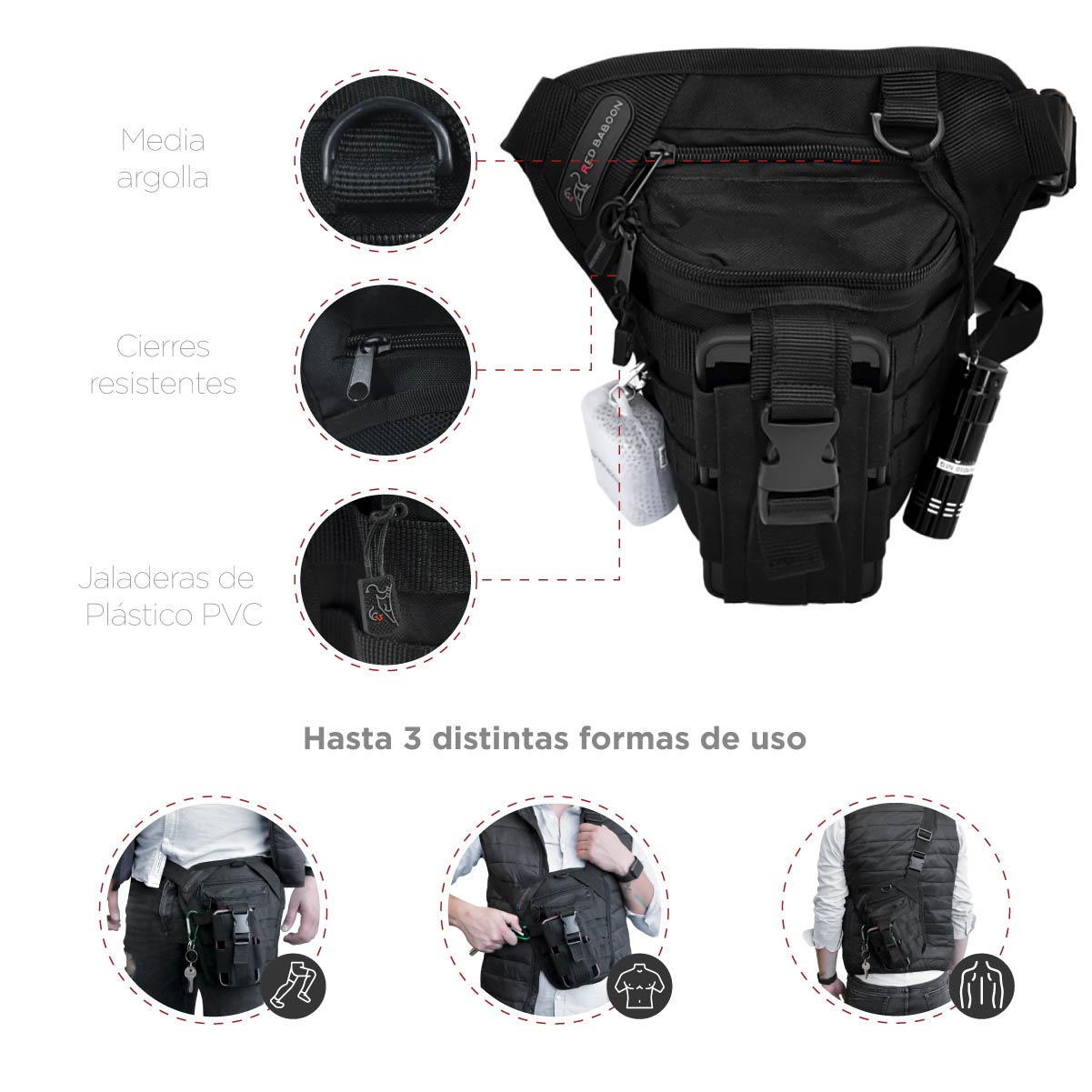 Piernera Mochila Táctica Militar Multiusos Negra, Muslera Piernera Modelo Dustyk Marca Red Baboon