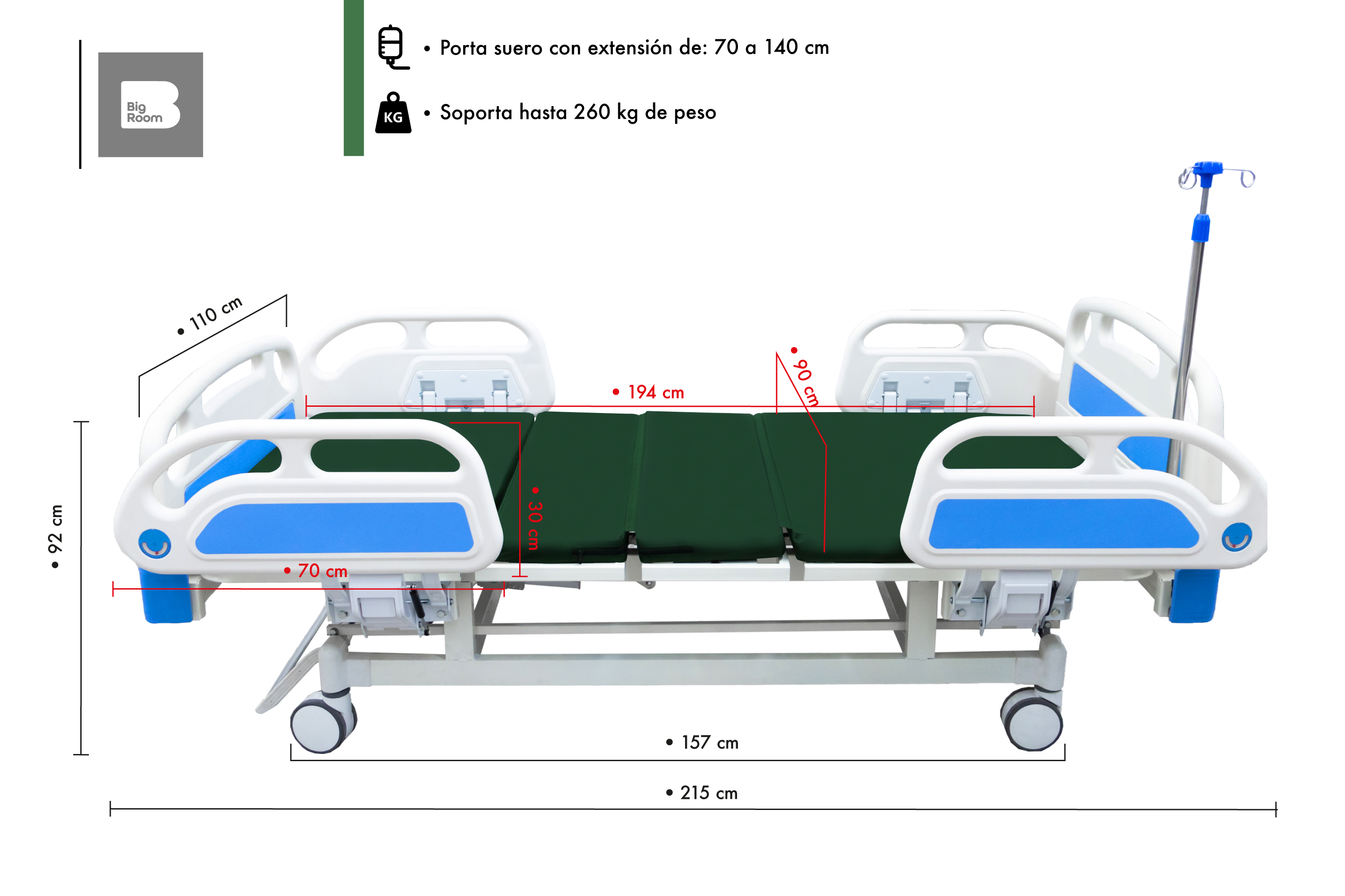 Cama Hospitalaria Electrica Porta Suero Colchon 2 Funciones