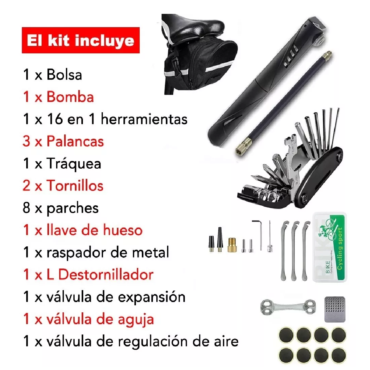 Kit De Herramientas P/reparación D/bicicleta C/bomba 16 En 1
