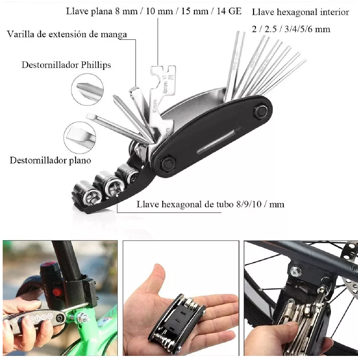Kit De Herramientas P/reparación D/bicicleta C/bomba 16 En 1