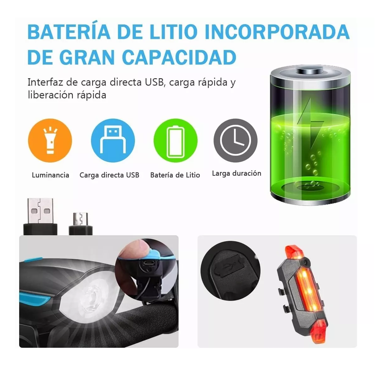 Lámpara Luces Para Bicicleta Recargables Luz Trasera Cuerno