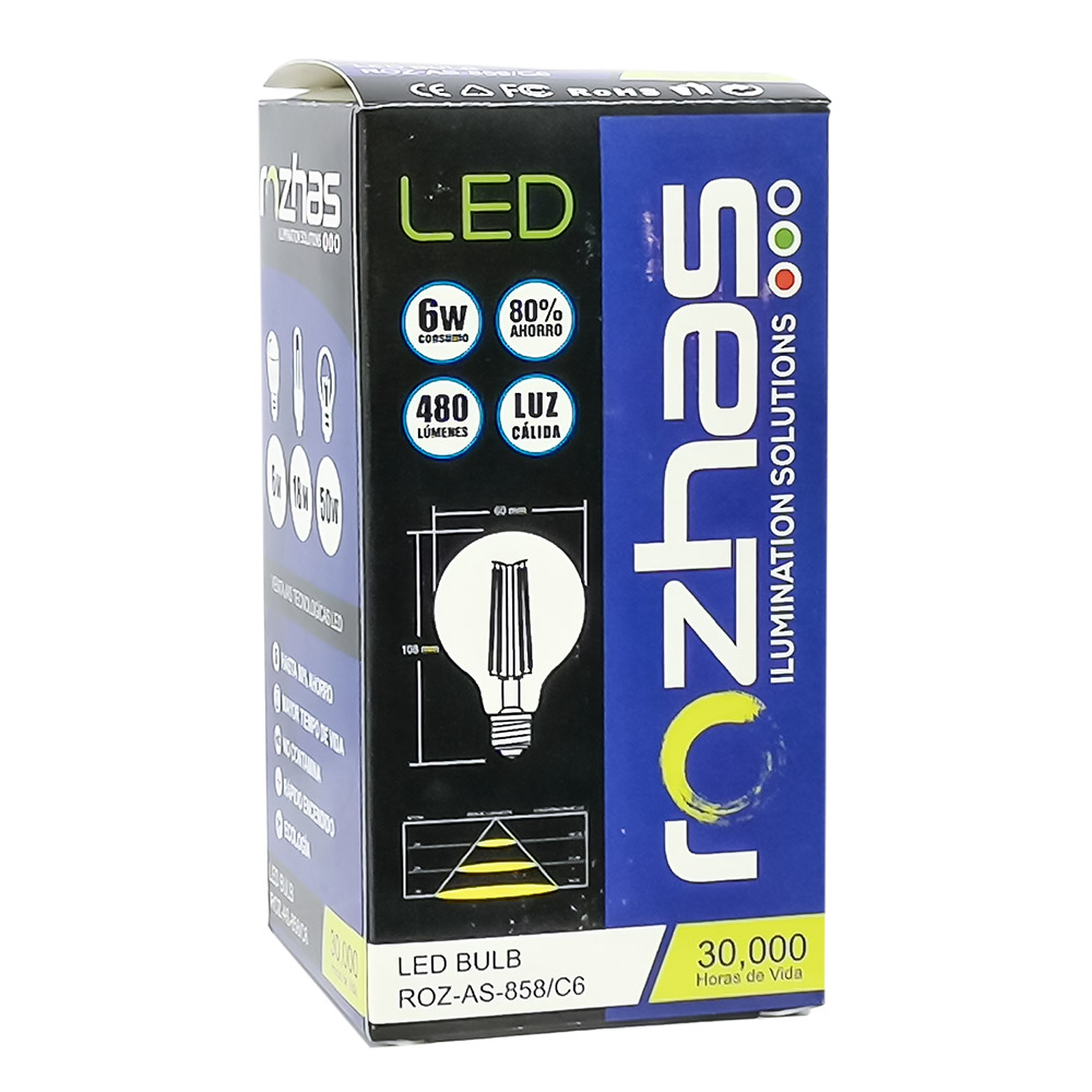 Foco Led Transparente de Luz Calida con 6 Watts 480 Lumenes Dimmable Ahorrador de Energía Caja con 4 Piezas Master ROZ-AS-858-C6-4