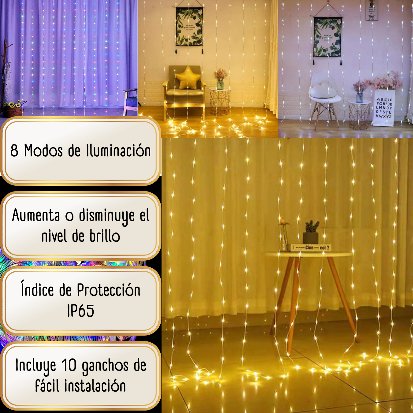 Cortina Decorativa Led 8 Modos de iluminación 3x3 metros USB Recubierta PVC Anti Agua Dosyu