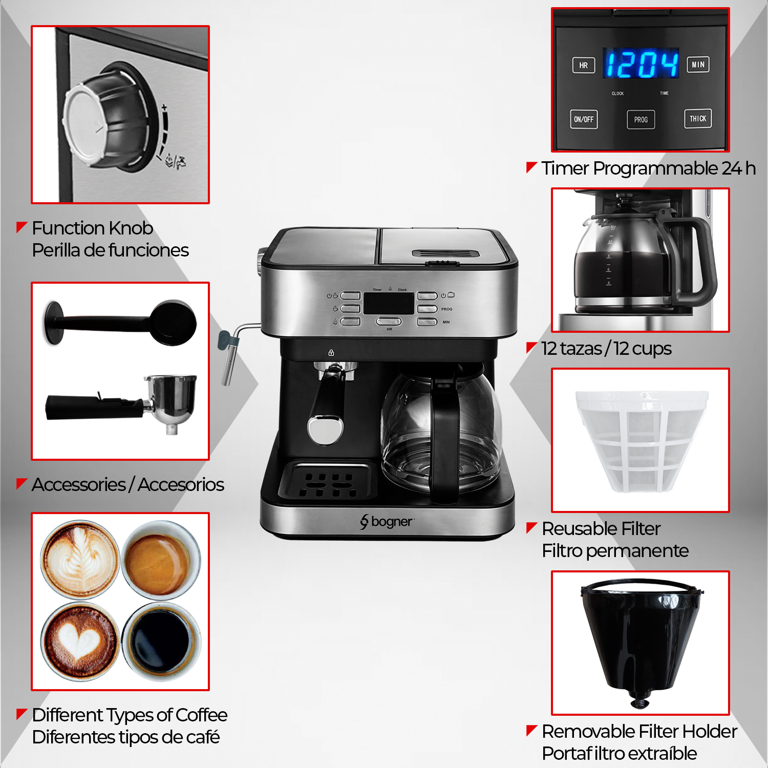 Cafetera Espresso + Goteo 20 Bdp 12tazas Acero Inox. Bogner