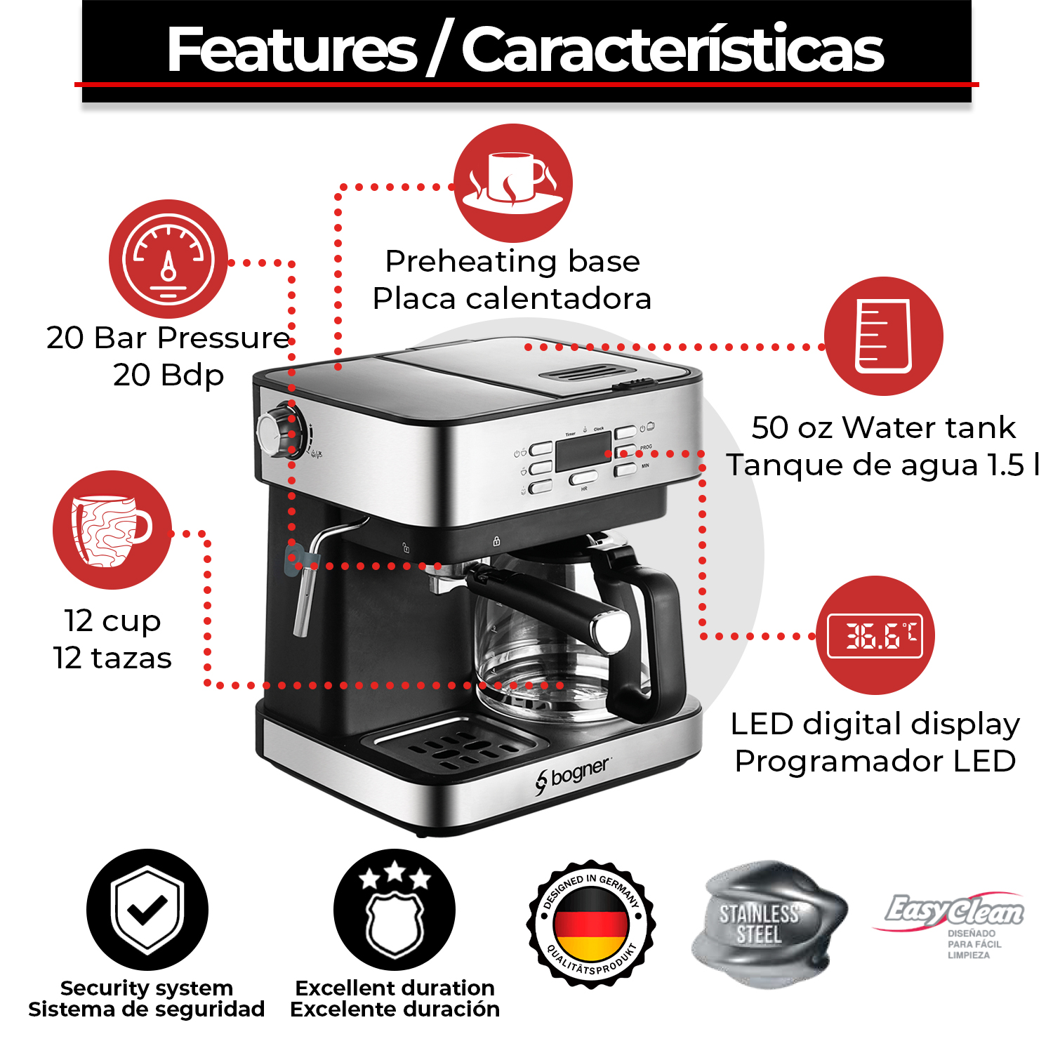 Cafetera Espresso + Goteo 20 Bdp 12tazas Acero Inox. Bogner