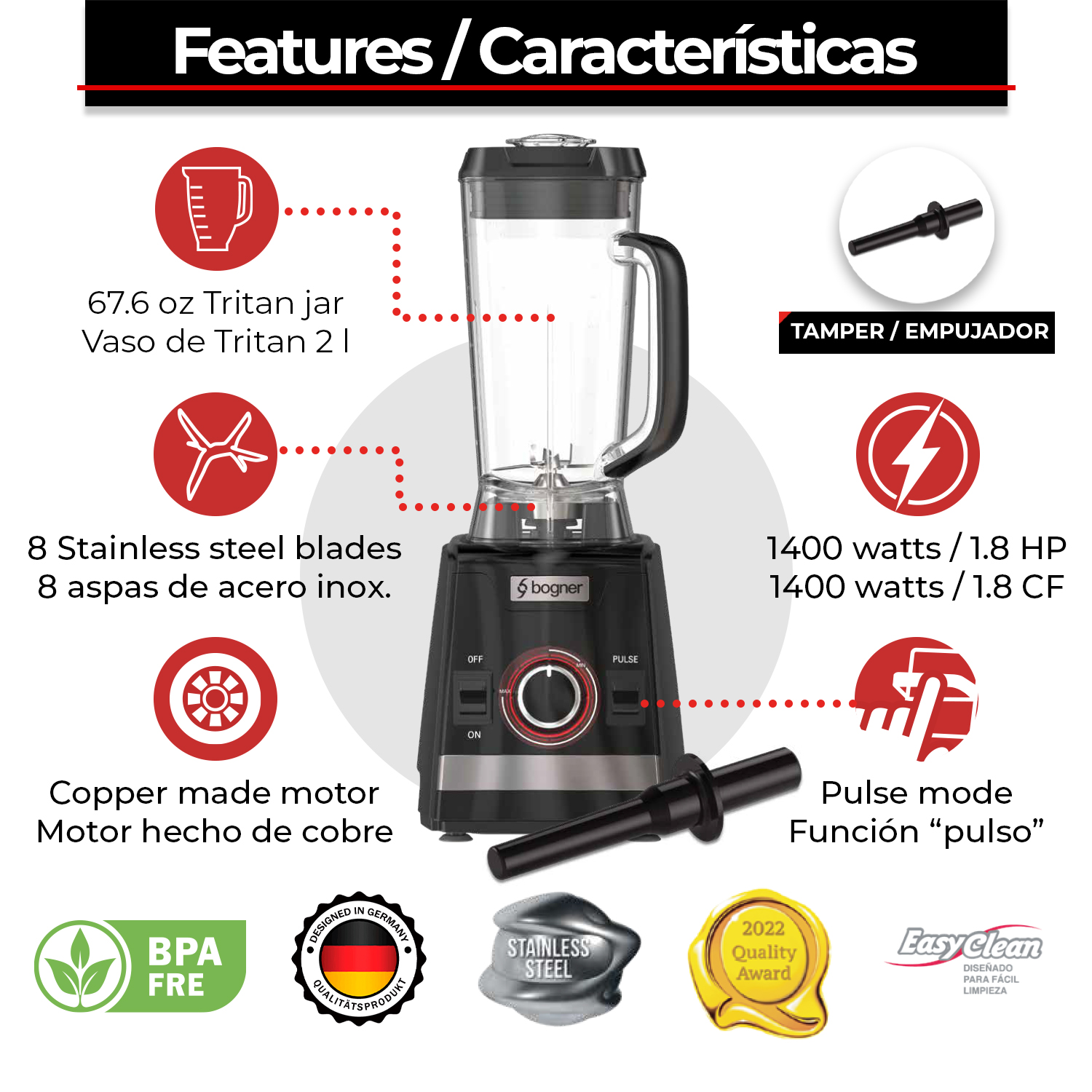 Licuadora Uso Rudo Vaso Tritán 1400w Motor De Cobre Bogner
