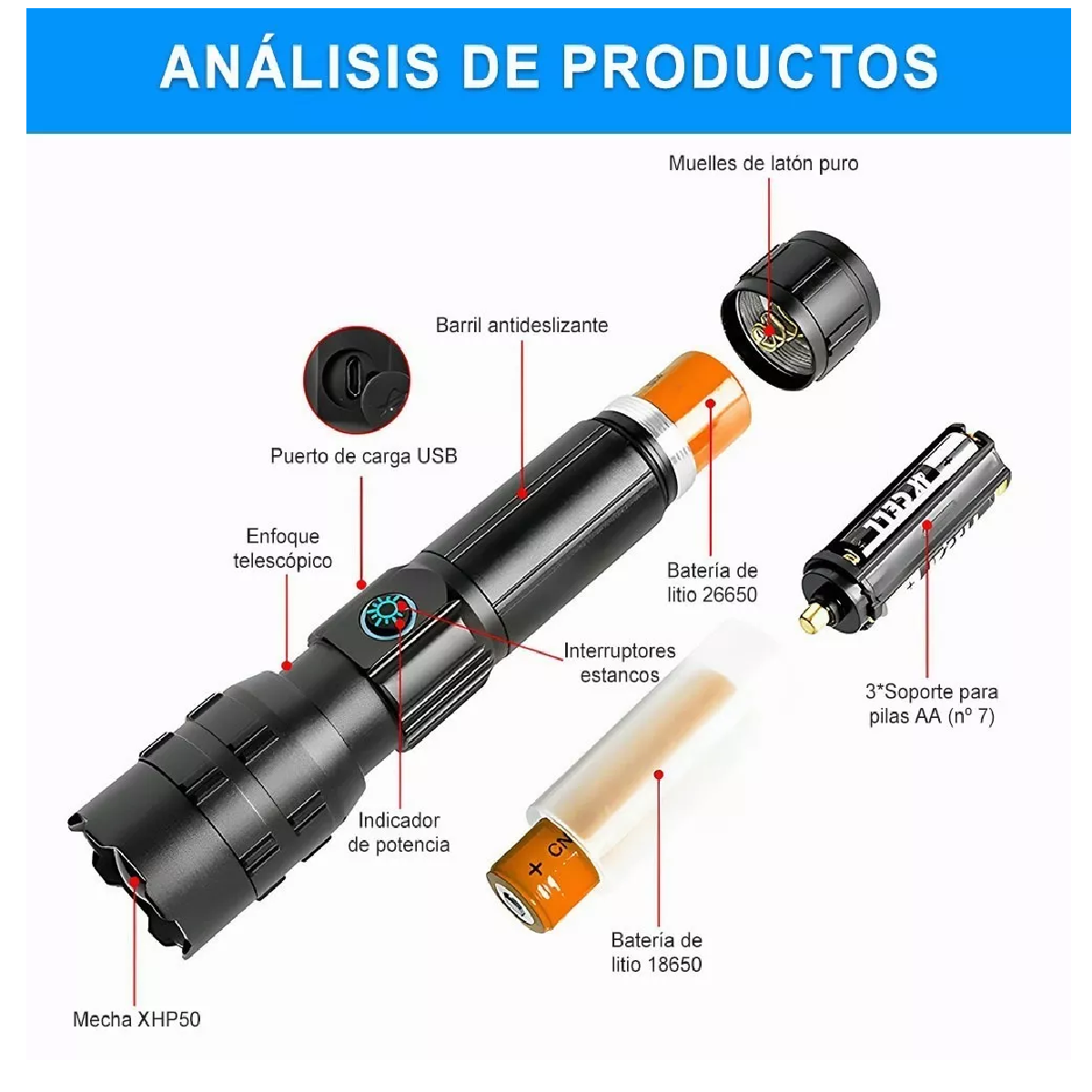 Linterna Táctica Led Xhp50 25000 Lm Usb Recargable