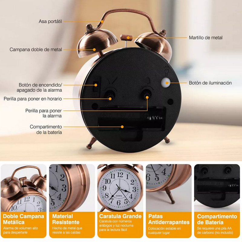 Reloj Despertador Campana Retro Analógico Estilo Vintage