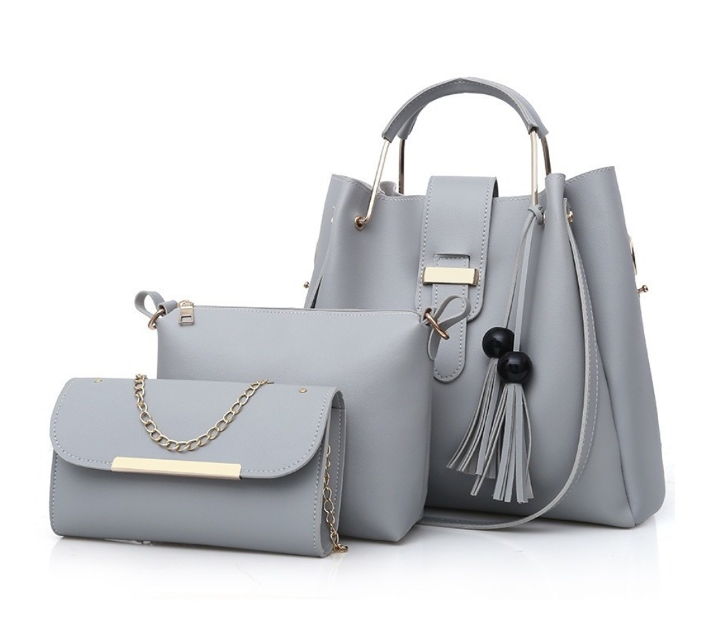 Set 3 Bolsas Bandolera Dama Mujer Cosmetiquera Cartera Gris