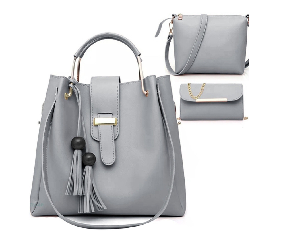 Set 3 Bolsas Bandolera Dama Mujer Cosmetiquera Cartera Gris