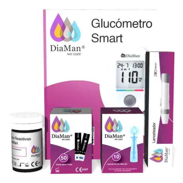 Kit DiaMan Smart Glucómetro + 50 Tiras reactivas + 10 Lancetas