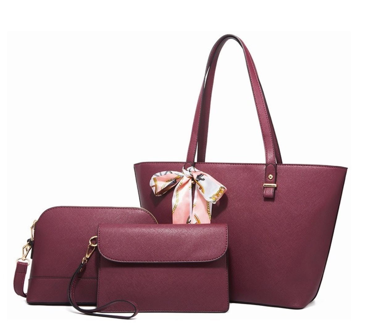 Set De Tote Bolsa Para Laptop 3pcs De Cuero Mujer Vino Tinto