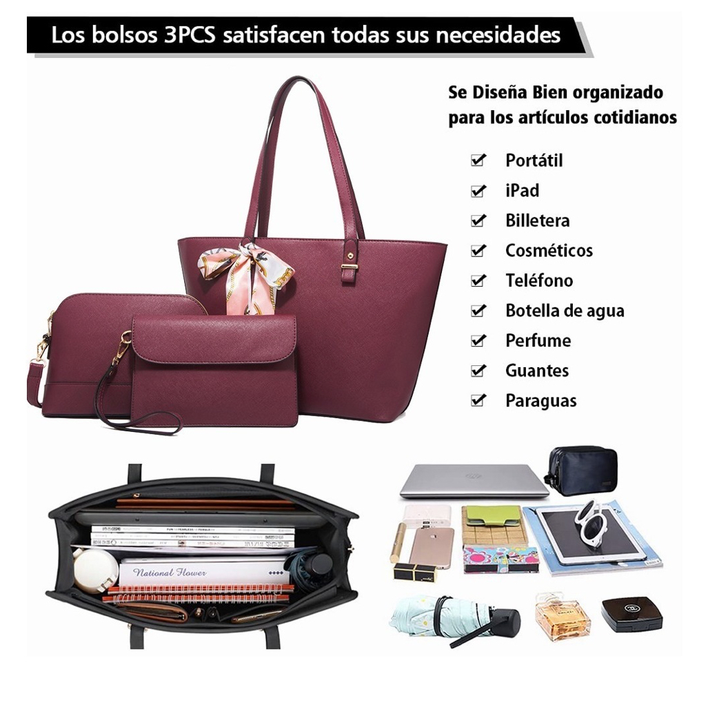 Set De Tote Bolsa Para Laptop 3pcs De Cuero Mujer Vino Tinto