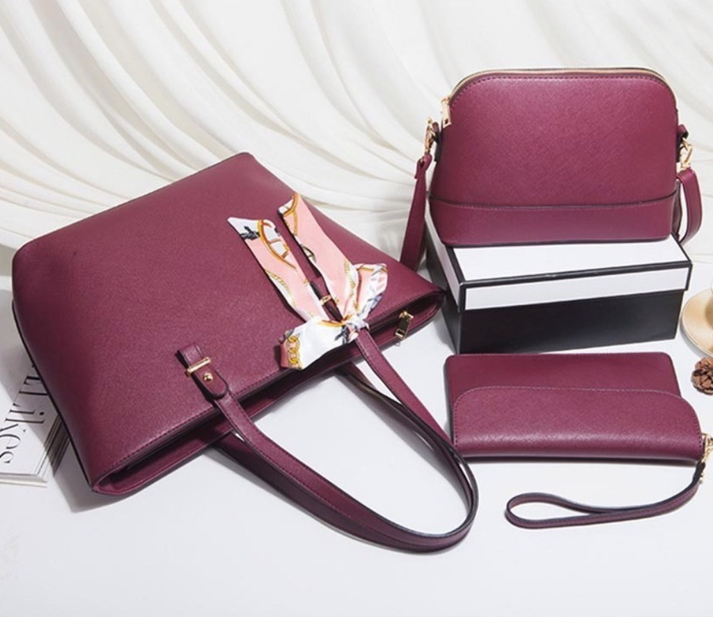 Set De Tote Bolsa Para Laptop 3pcs De Cuero Mujer Vino Tinto
