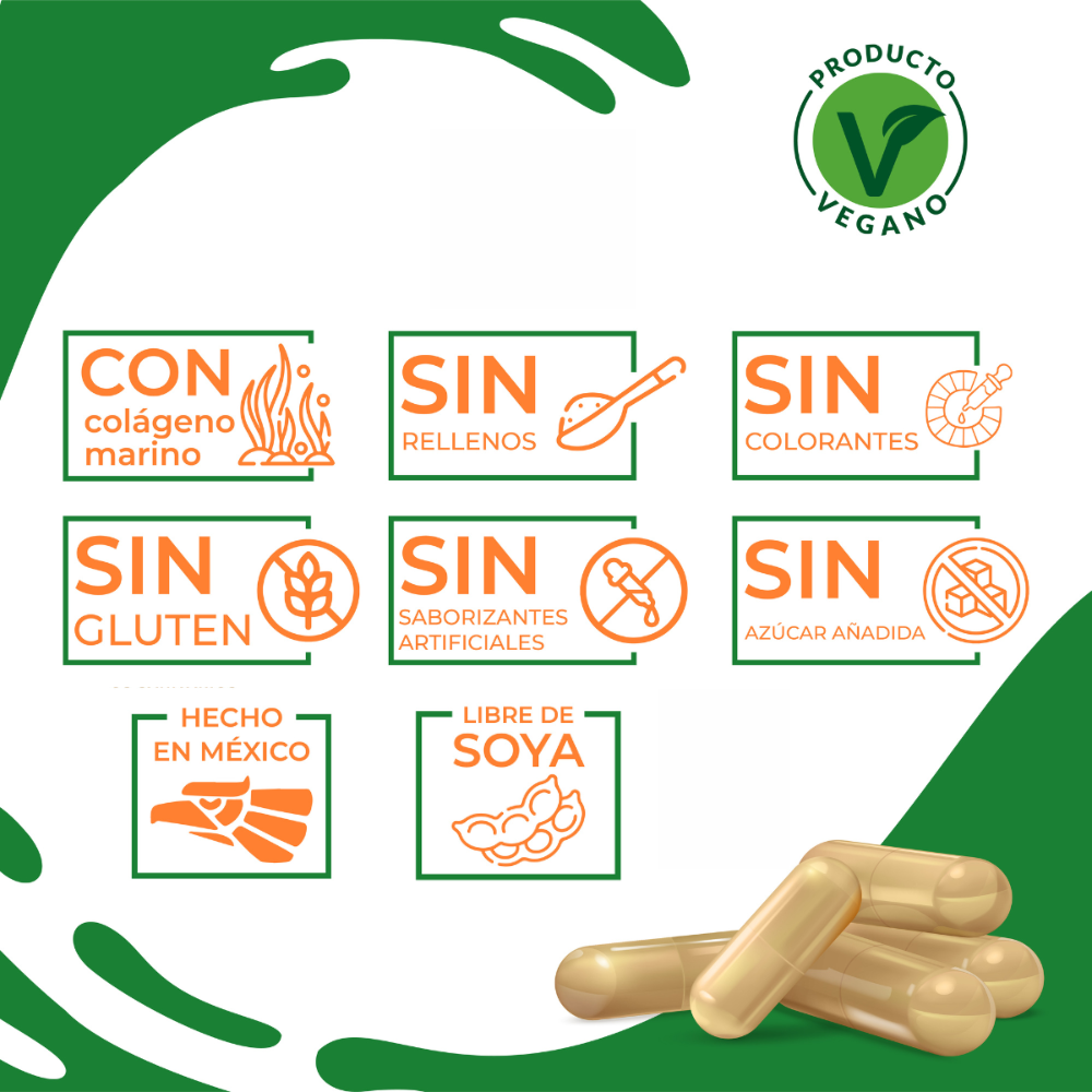 Colágeno vegano, Ácido Hialurónico, Biotina y Ácido Fólico Ideal para Cabello y Uñas 30 días