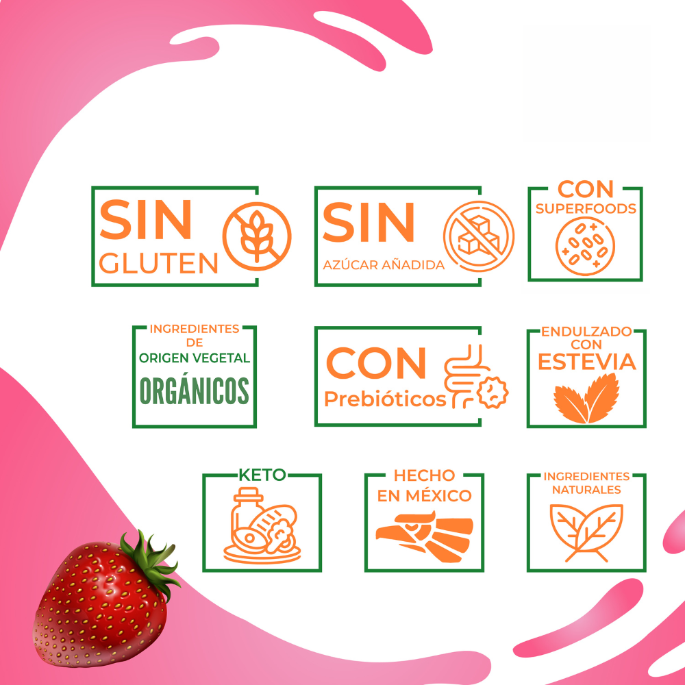 Proteína en polvo Fresa Keto Pre-workout 22g proteína NO Azúcar NO Gluten 500g