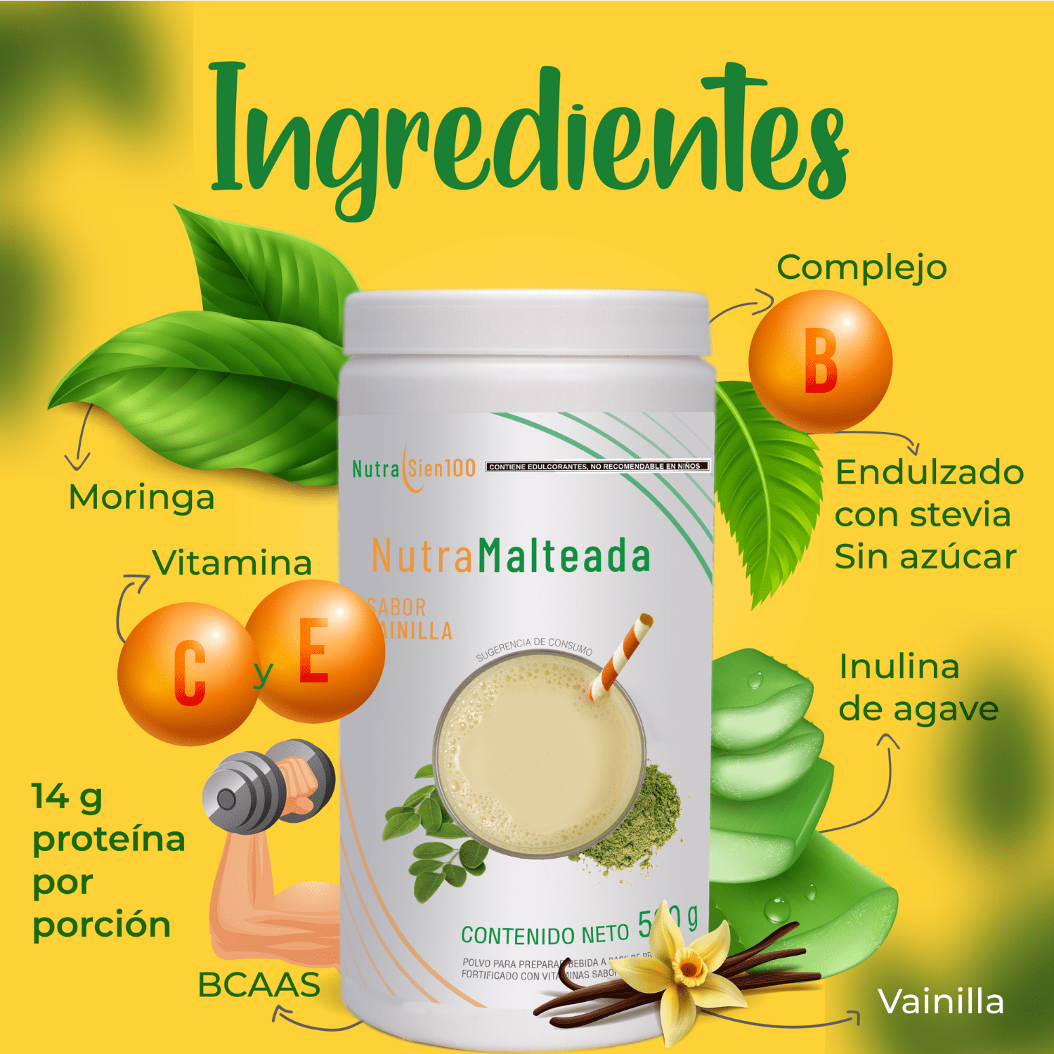 Nutrasien100 Malteada en Polvo Vainilla 500g 14gr Proteína Sin azúcar