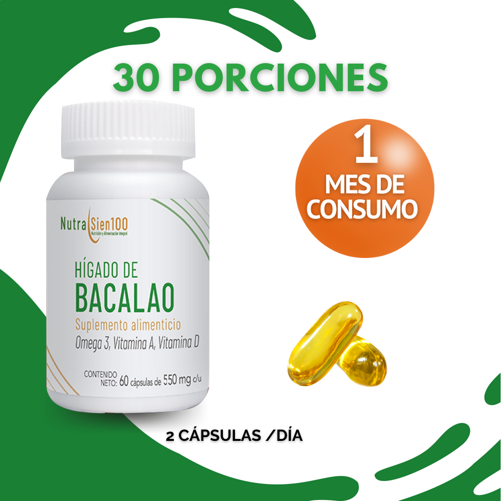 Nutrasien100 Aceite de Hígado de Bacalao en cápsulas con Vitamina A y D3 Suplemento 60 caps / 60 días