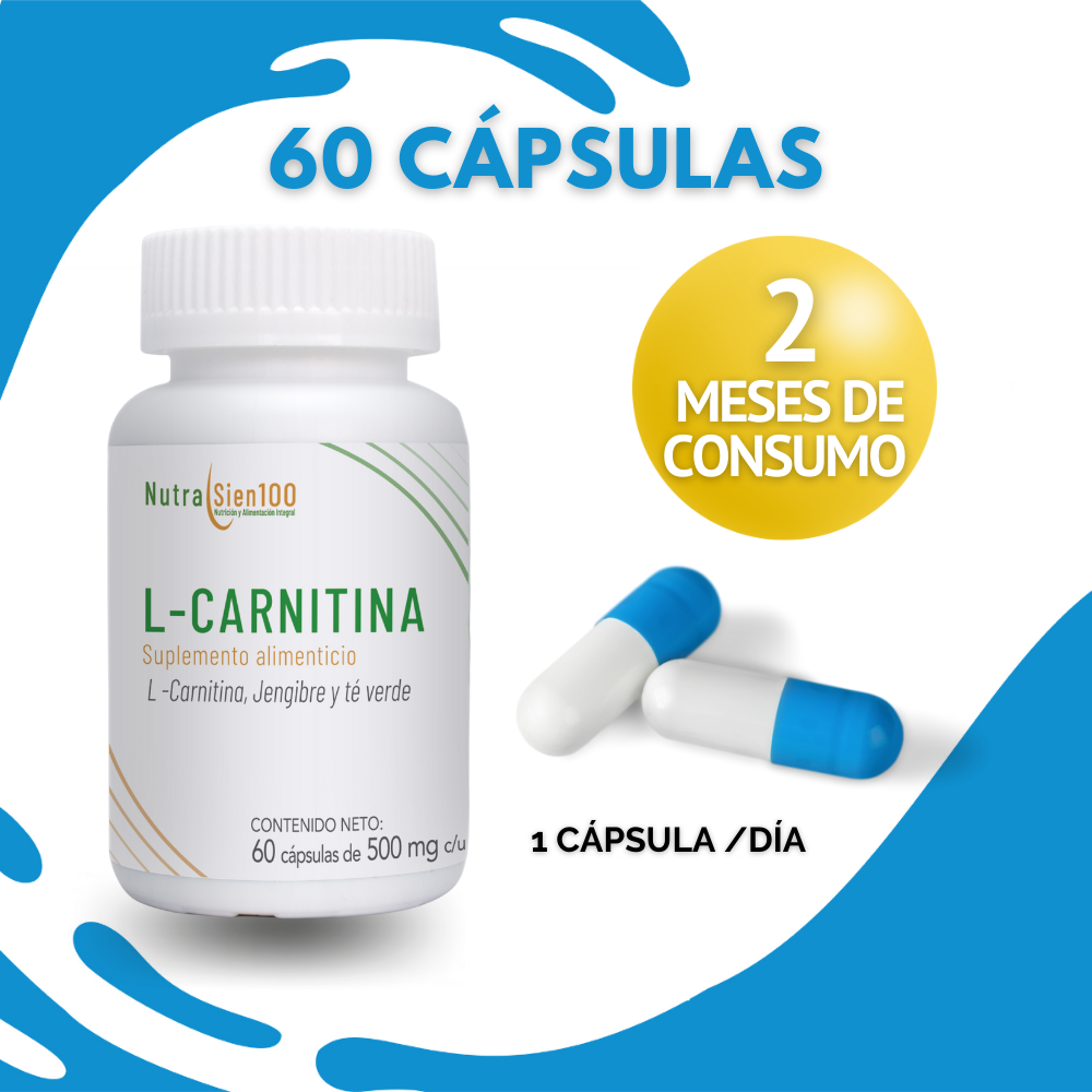Nutrasien100 L carnitina cápsulas con jengibre y té verde. Termogénico. Pre entreno. Keto. Apto para hombres y mujeres. 60 cápsulas=60 días.