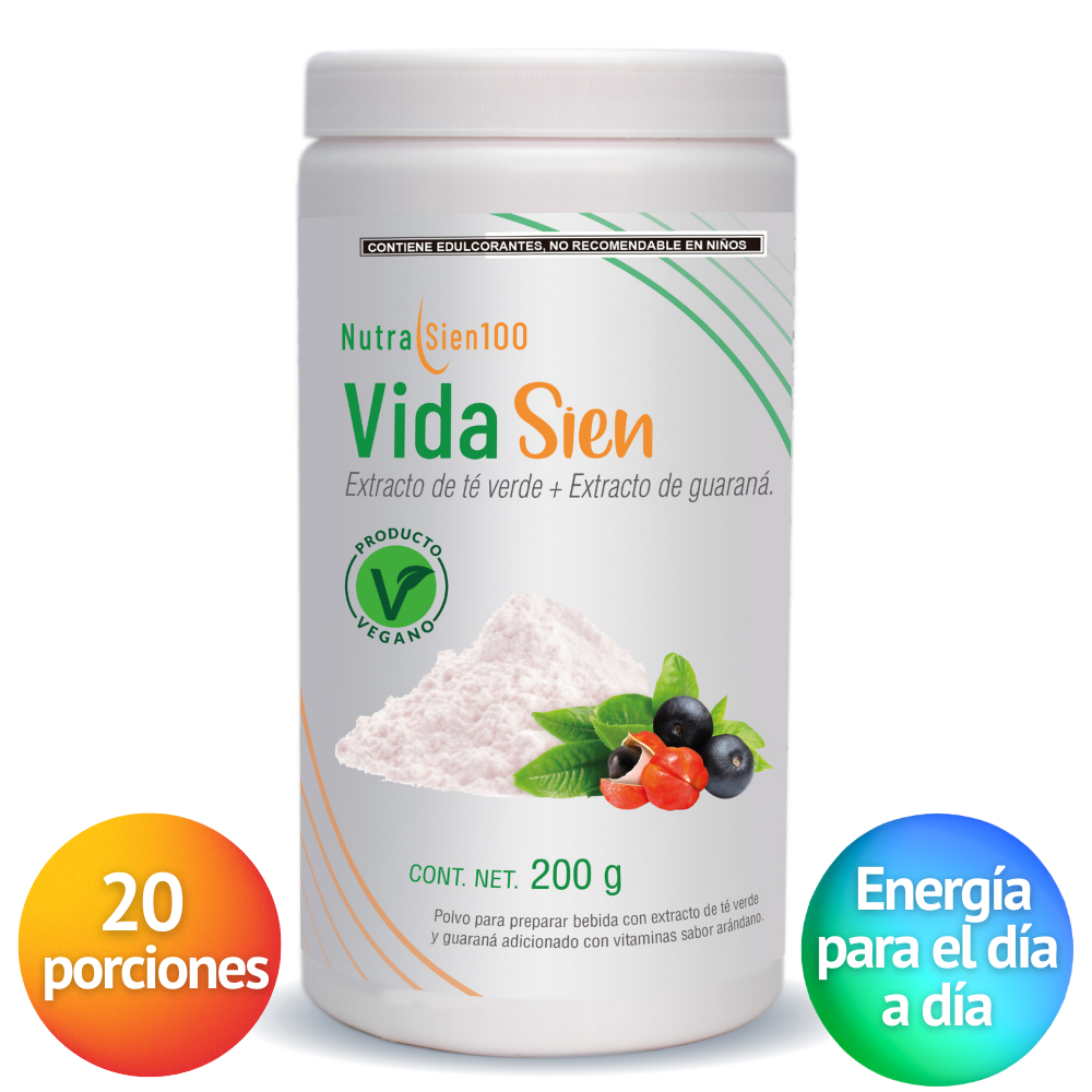 Nutrasien100 Vidasien Energizante natural en Polvo Té verde Guaraná Vit. B12 Keto Vegano Termogénico Pre workout 20 porciones