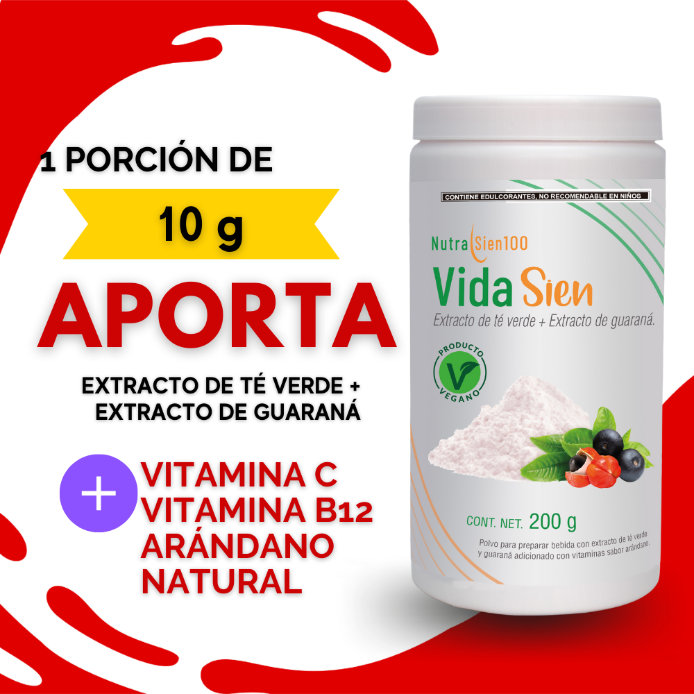 Nutrasien100 Vidasien Energizante natural en Polvo Té verde Guaraná Vit. B12 Keto Vegano Termogénico Pre workout 20 porciones