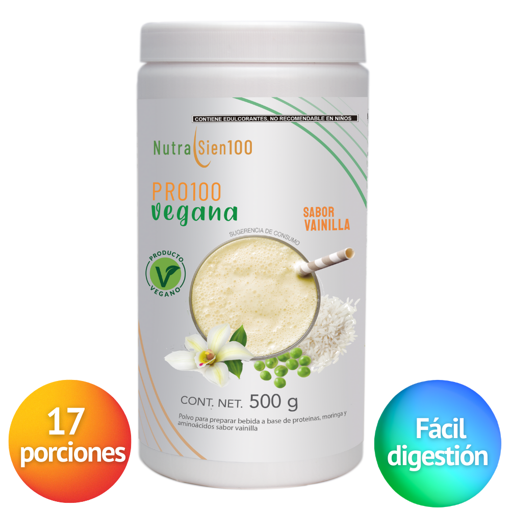 Nutrasien100 Proteína Vegana sabor Vainilla. Ideal para Keto, Pre workout, Vegano, Paleo. Sin azúcar. Fácil digestión. Ideal hombres y mujeres. 500g – 17 porciones. Pro100 vegana