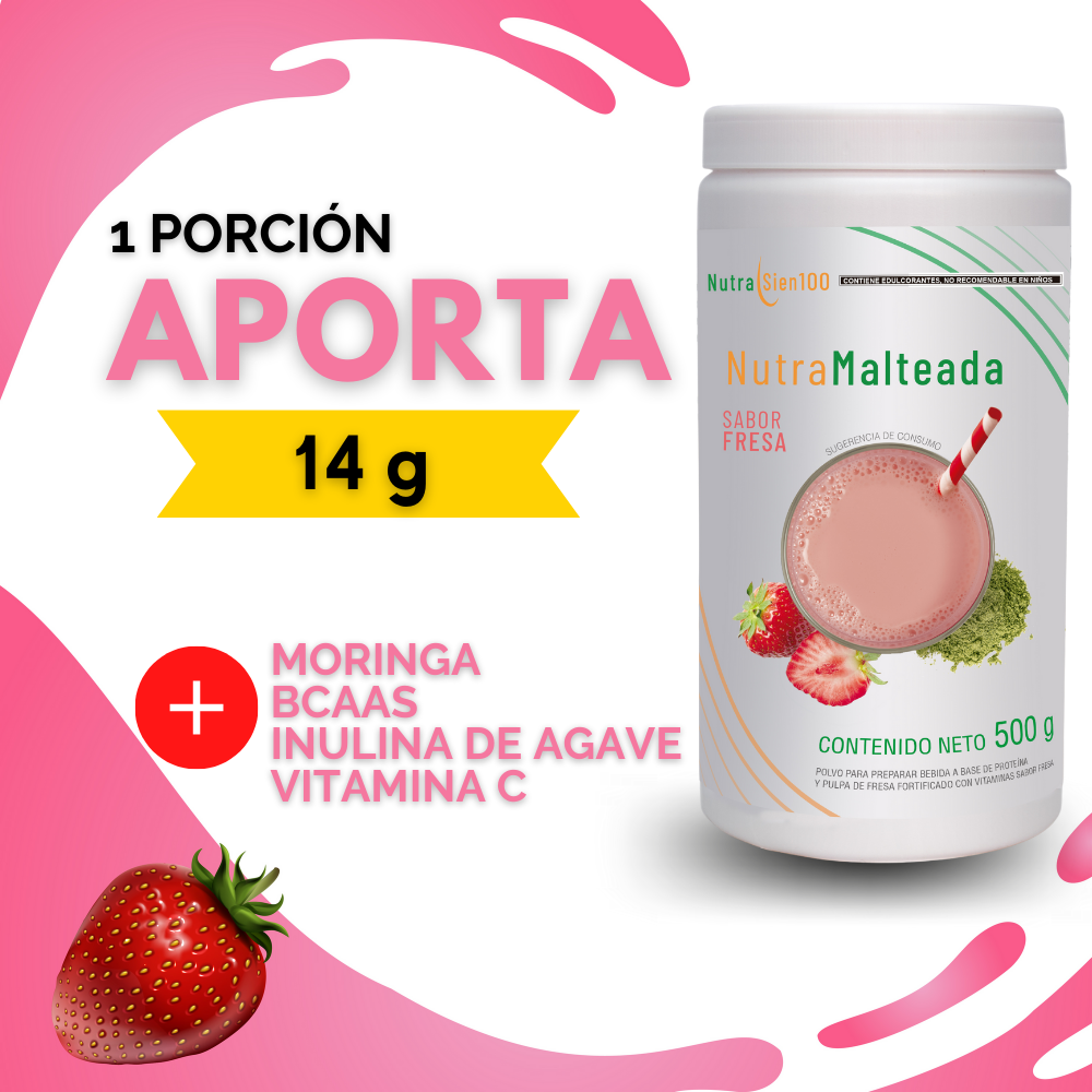 Nutrasien100 Malteada de proteína sabor Fresa. Sin grasa Sin azúcar. 15 g proteína 500g 17 porciones. Nutramalteada